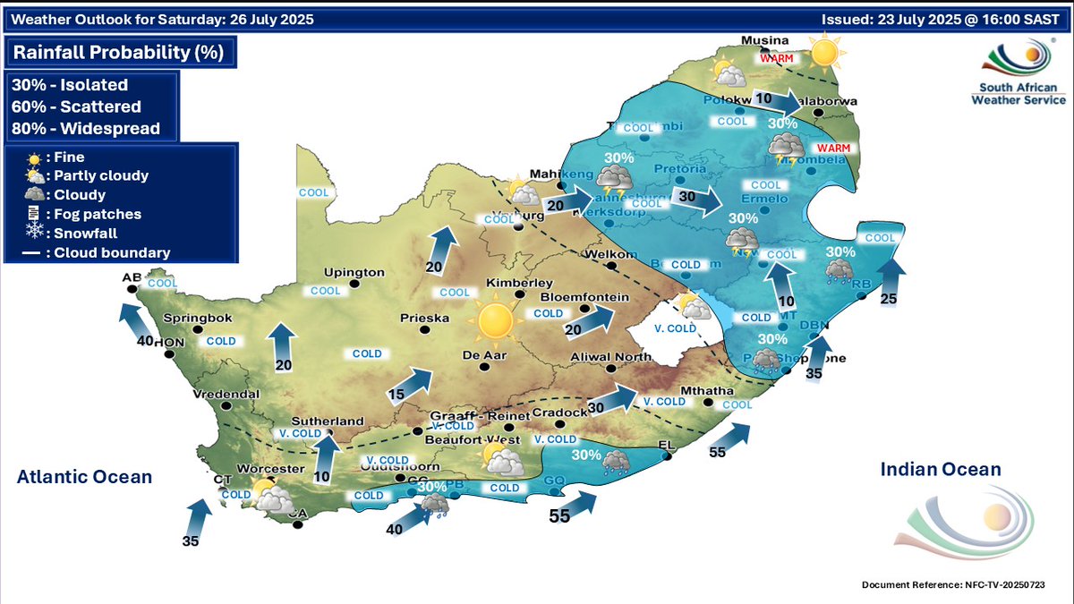 SAWeatherServic's tweet image. Extended weather forecasting for Friday and Saturday, 25-26 July 2025:
Partly cloudy and very cold to cold but cool to warm in places, with isolated to scattered showers and thundershowers.
#saws #saweatheroutlook