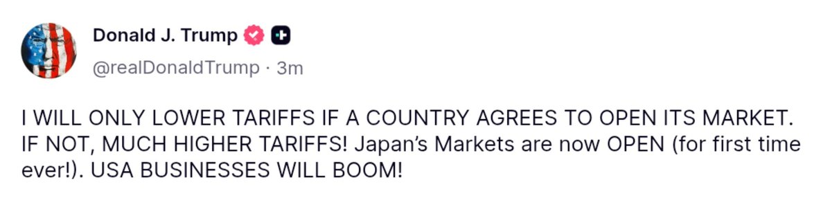 OsintUpdates's tweet image. ⚡ Trump: I will only lower tarrifs if a country agrees to open its market. If not , much higher tarrifs!