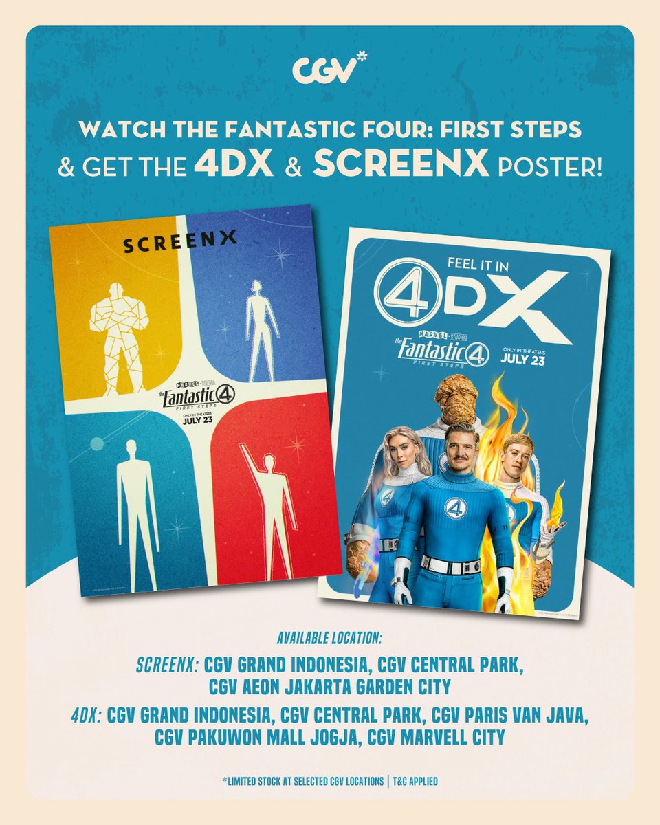 CGV_ID's tweet image. Jangan sampe keabisan! Nonton &lt;THE FANTASTIC FOUR: FIRST STEPS&gt; di format 4DX &amp; ScreenX, kamu bisa dapetin poster eksklusif!✨
🎟️ 1 tiket = 1 poster (harus dicetak yaa)
📍Stok terbatas, siapa cepat dia dapat!
Dapatkan tiketnya di app/website CGV sekarang!
#4DXdiCGV…