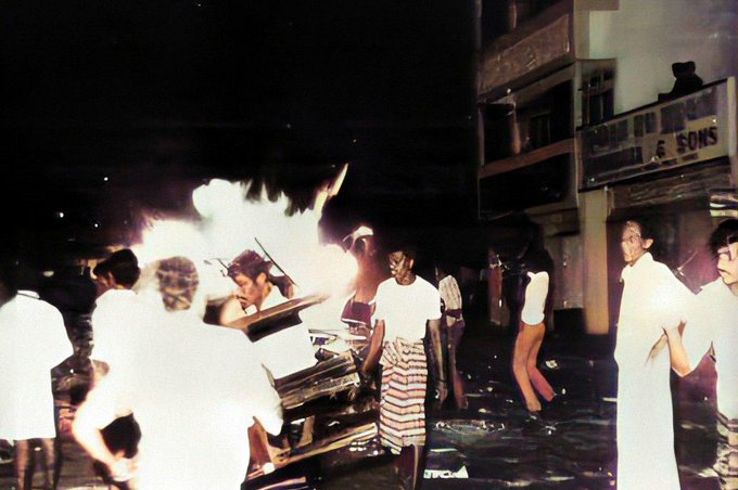 42 years ago these mobs ran through Colombo butchering Tamils.

These mobs, backed by the Sri Lankan government, killed, tortured &amp; raped.

These mobs burned homes and looted businesses.

These mobs displaced and destroyed.

42 years later, these mobs still roam free.

#BlackJuly