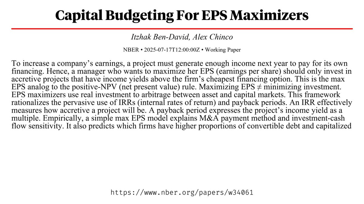 CapybaraPapers's tweet image. Capital Budgeting For EPS Maximizers nber.org/papers/w34061