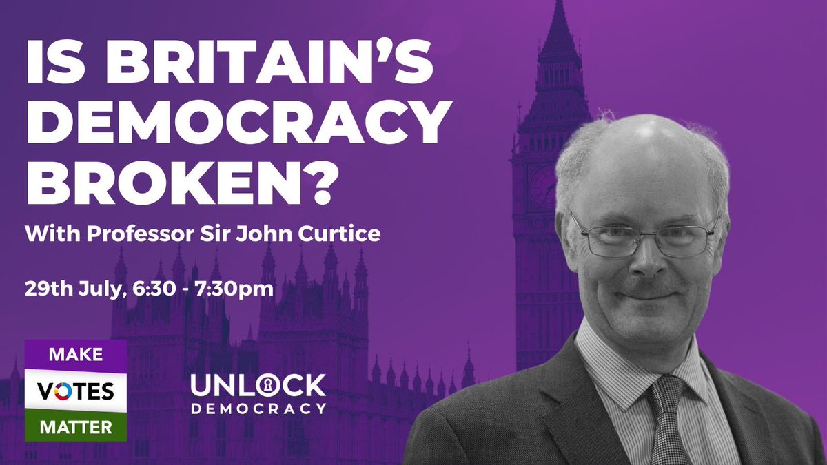 MakeVotesMatter's tweet image. Next week, we're excited to invite you to a webinar with Professor John Curtice!
Join us to discuss what the data tells us about Britain's political system and its possible futures.
Event organised in collaboration with @UnlockDemocracy.
Sign up: secure.unlockdemocracy.org.uk/page/174289/pe…