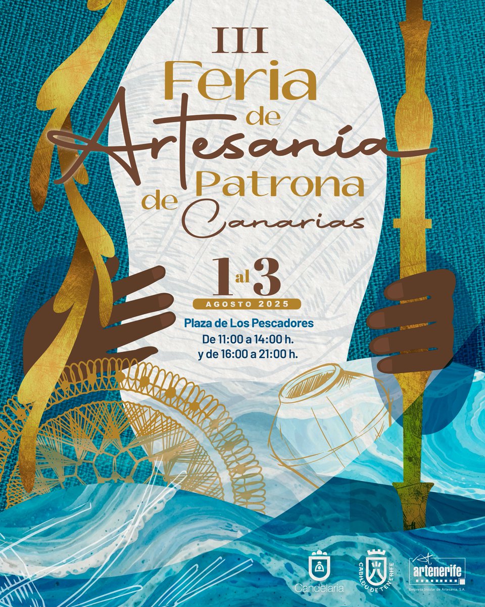 Artenerife (@artenerife_) on Twitter photo 🗣️✨3ª Feria de #Artesanía Patrona de Canarias. Candelaria 2025 <a href="/Artenerife_/">Artenerife</a> <a href="/AytoCandelaria/">Ayuntamiento de Candelaria</a> <a href="/CabildoTenerife/">Cabildo de Tenerife</a>
🗓️Fecha: 1,2 y 3 agosto 2025
🕛Horario: 11:00 a 14:00 y 16:00 a 21:00 horas
📍Plaza de los Pescadores #Candelaria
ℹ️Más Info: artenerife.com/3a-feria-patro… #ArtesaníaTenerife 🗣️✨3ª Feria de #Artesanía Patrona de Canarias. Candelaria 2025 <a href="/Artenerife_/">Artenerife</a> <a href="/AytoCandelaria/">Ayuntamiento de Candelaria</a> <a href="/CabildoTenerife/">Cabildo de Tenerife</a>
🗓️Fecha: 1,2 y 3 agosto 2025
🕛Horario: 11:00 a 14:00 y 16:00 a 21:00 horas
📍Plaza de los Pescadores #Candelaria
ℹ️Más Info: artenerife.com/3a-feria-patro… #ArtesaníaTenerife