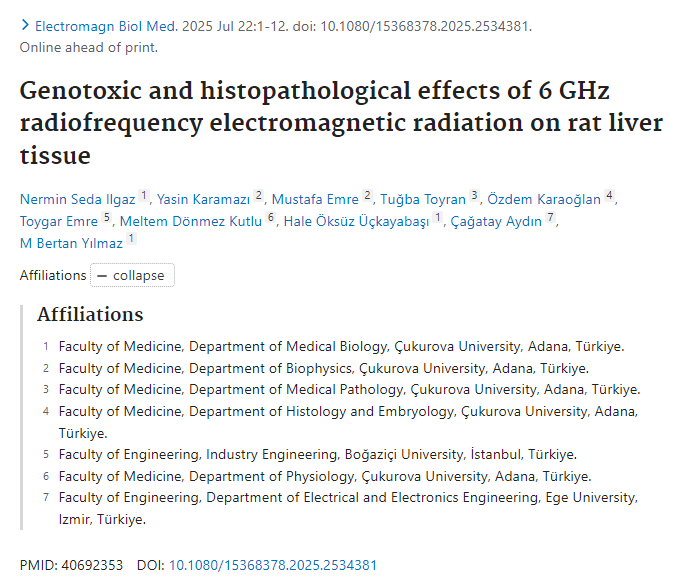 Pre-print abstract.

'Our study has shown that 6 GHz RF-EMR [at 0.065 W/kg] can cause histopathological and DNA level changes in rat liver tissue.'

#Radiofrequency #Radiation #EMFs #Liver

pubmed.ncbi.nlm.nih.gov/40692353/