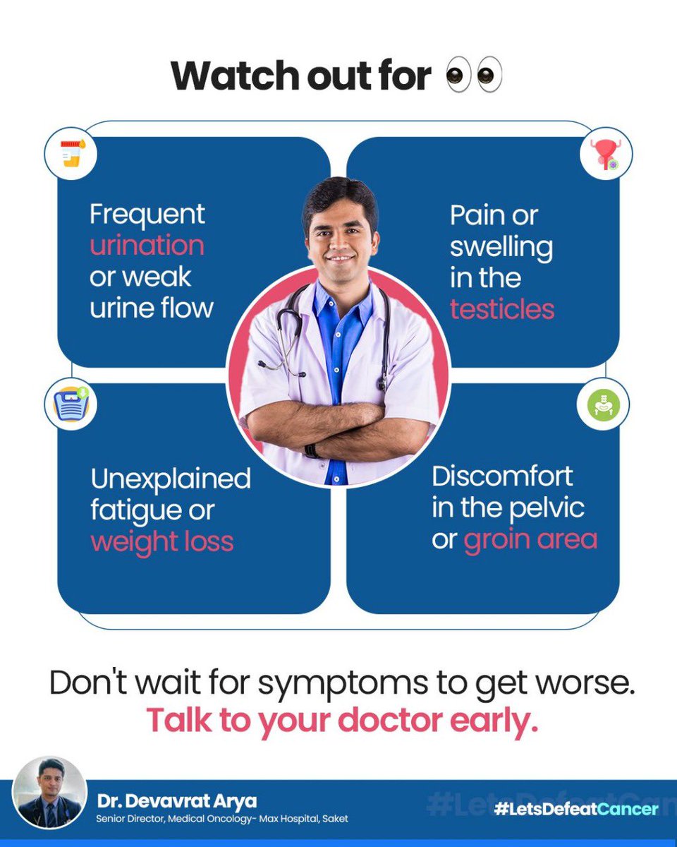 Prostate and testicular cancers are common in men, but often ignored.

Frequent urination, testicular pain, groin discomfort, or fatigue could be early signs.

Don’t wait. Talk to your doctor. Early detection saves lives.

#MensHealth #ProstateCancer #DrDevavrat