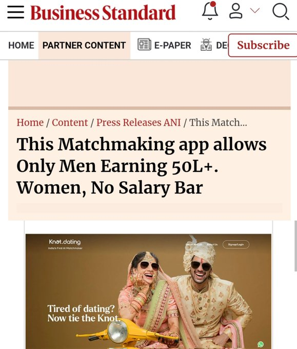 ShoneeKapoor's tweet image. Only men earning ₹50 lakh or more can join in this match-making app "Knot Dating".
I can sense women leaving #tinder & #bumble very soon.
