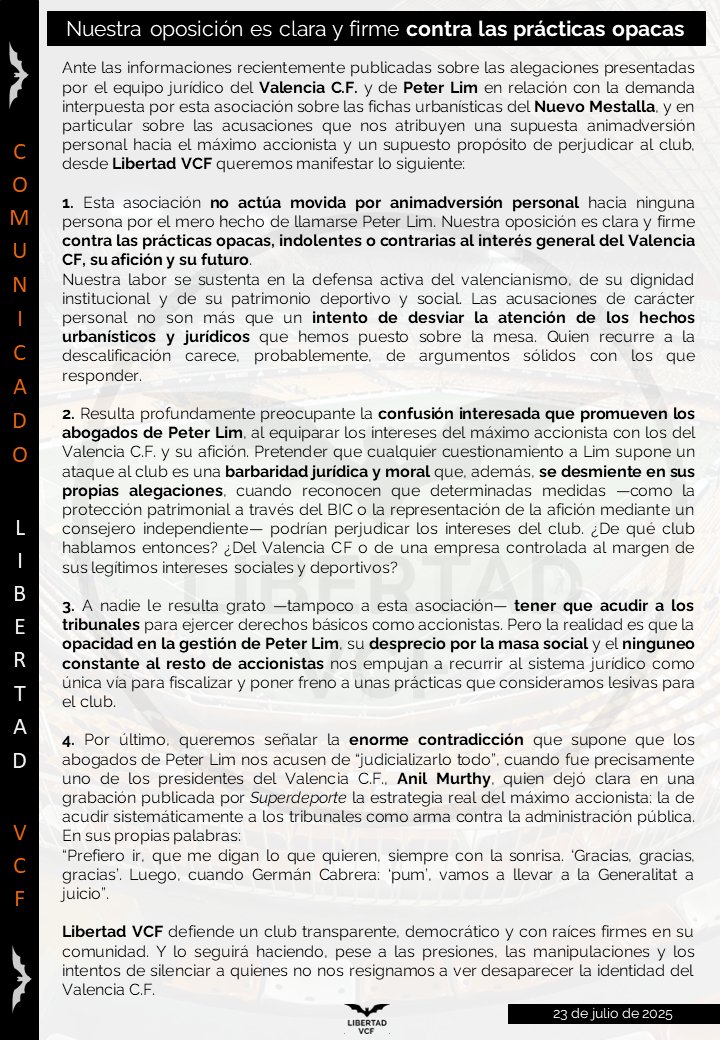 🚨🚨 COMUNICADO OFICIAL🚨🚨
Ante las informaciones recientemente publicadas sobre las alegaciones presentadas por el equipo jurídico del <a href="/valenciacf/">Valencia CF</a> y de Peter Lim en relación con la demanda interpuesta por esta asociación sobre las fichas urbanísticas del Nuevo Mestalla, y en