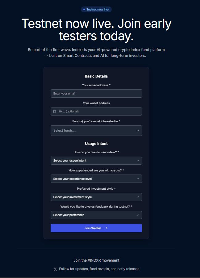 Indexr_xyz's tweet photo. Check out our new look waitlist form ! More detailed, looks nicer too. 

Join the movement
https://t.co/1RoD4UDcpE https://t.co/2YF3s42DDb