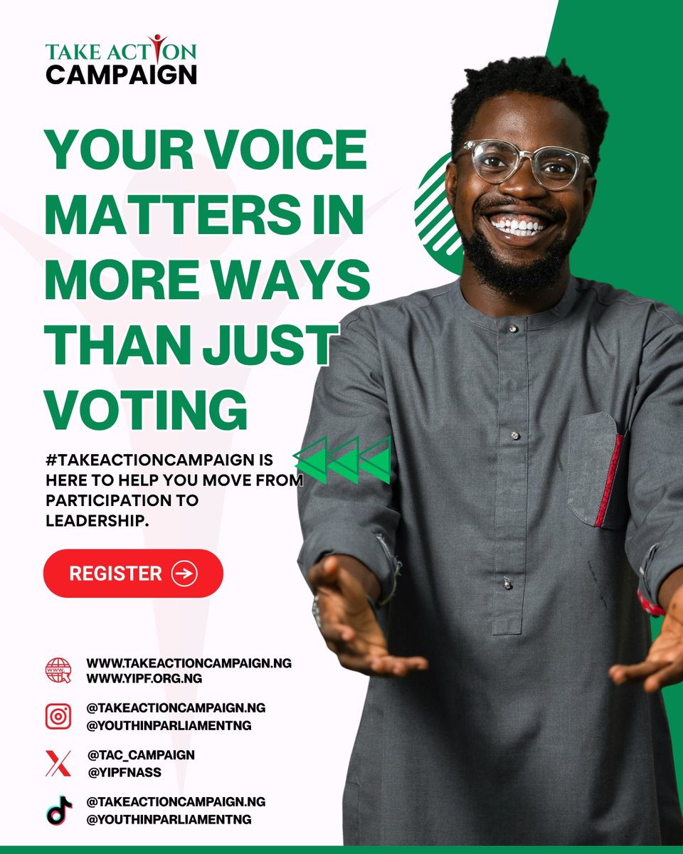TAC_Campaign's tweet image. You’ve voted. You’ve spoken up.

Now it’s time to go a step further.

The Take Action Campaign (TAC) is helping young Nigerians like you move from participation to leadership.

No noise. No drama. 

Just structure, tools, and the guidance to get started.