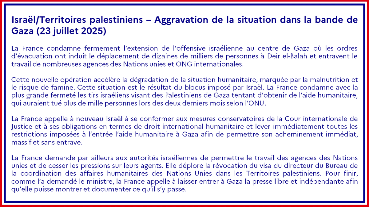 francediplo's tweet image. #Israël/#TerritoiresPalestiniens | La France condamne fermement l’extension de l’offensive israélienne au centre de Gaza. Cette nouvelle opération accélère la dégradation de la situation humanitaire, marquée par la malnutrition et le risque de famine.
➡️ fdip.fr/6vc9rkdq