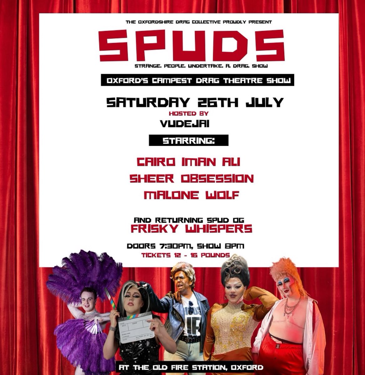 WANT A FABULOUS DRAG SHOW IN OXFORD THIS WEEKEND 26th JULY oldfirestation.org.uk/whats-on/spuds… with Queen of Oxford <a href="/Cairoimanali/">Cairo Iman Ali</a>