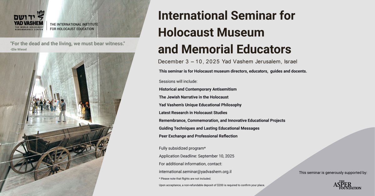 yadvashem's tweet image. #HolocaustEducation #CPD #MuseumEducation
Are you an educator at a Holocaust museum or memorial?
Do you lead tours, run educational programs, engage in community outreach, or develop your own educational projects?
If so, we invite you to join us at Yad Vashem in Jerusalem,…