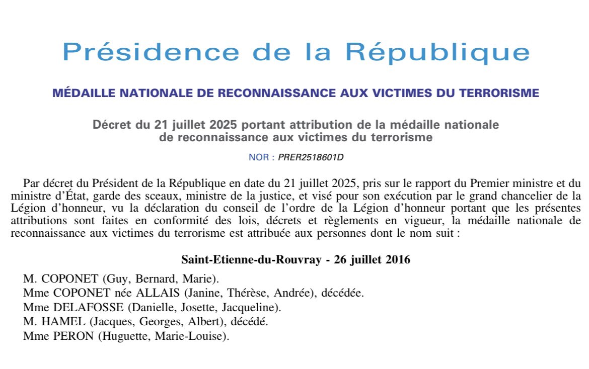 Assassinat du Père Hamel : cinq victimes recevront le 26 juillet 2025 la médaille  nationale de reconnaissance aux victimes du #terrorisme.

Le Père #Hamel, deux religieuses et un couple de paroissiens se voient attribuer la médaille par décret. 🙏
<a href="/Prefet76/">Préfet de Normandie et de la Seine-Maritime</a> 
<a href="/justice_gouv/">Ministère de la Justice</a>