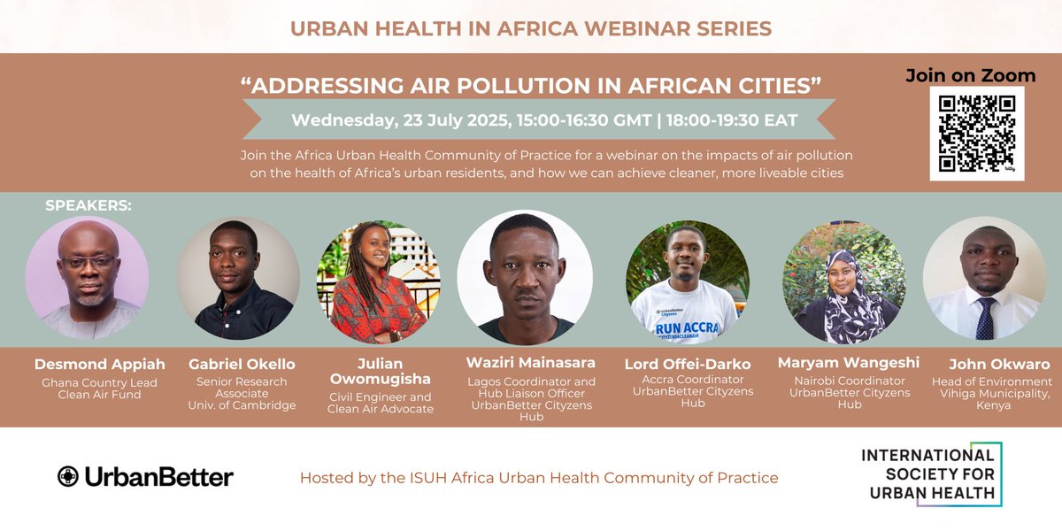 IS_UrbanHealth's tweet image. Taking place today!
Join our Africa Health Community of Practice for a conversation on the rising burden of air #pollution in African #cities — and the solutions we need — with @UrbanBetter!
When: TODAY | 3:00–4:30pm GMT
Where: bit.ly/4knrCv3
#UrbanHealth