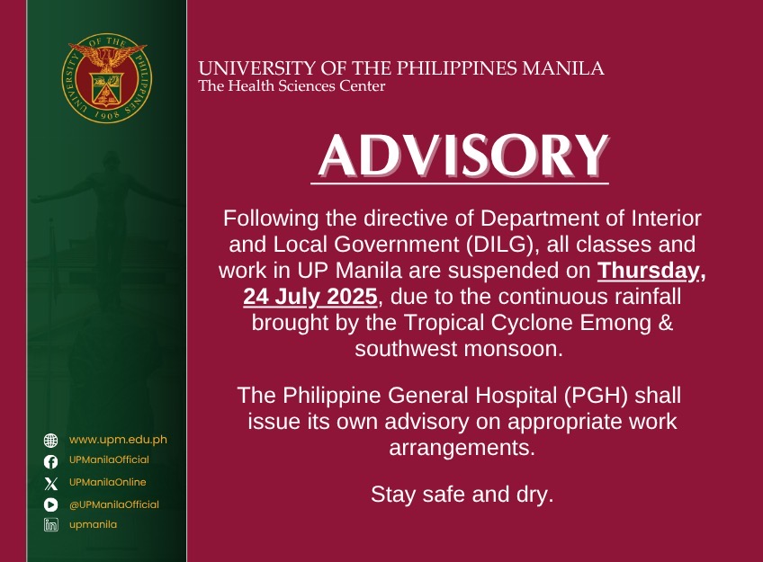upsystem's tweet image. #ICYMI: Abiding by the directive issued by the @DILGPhilippines, @UPManilaOnline has suspended classes and work for July 24, Thursday.

Please read their announcement in full below. via @UPManilaOnline on Facebook