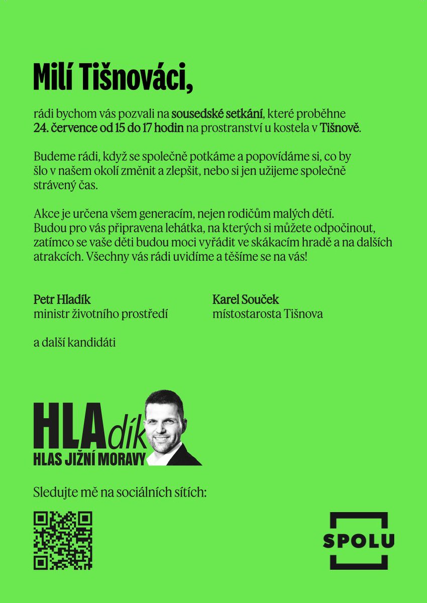 KareBorgSoucek's tweet image. SOUSEDSKÉ SETKÁNÍ V TIŠNOVĚS!
📅 Čt 25. 7. | 🕔 od 17:00 | 📍U kostela
Já + ministr Petr Hladík.
Popcorn, skákací hrad, pití.
Přijďte pokecat.
Těšíme se na vás, Tišnováci! 🤝