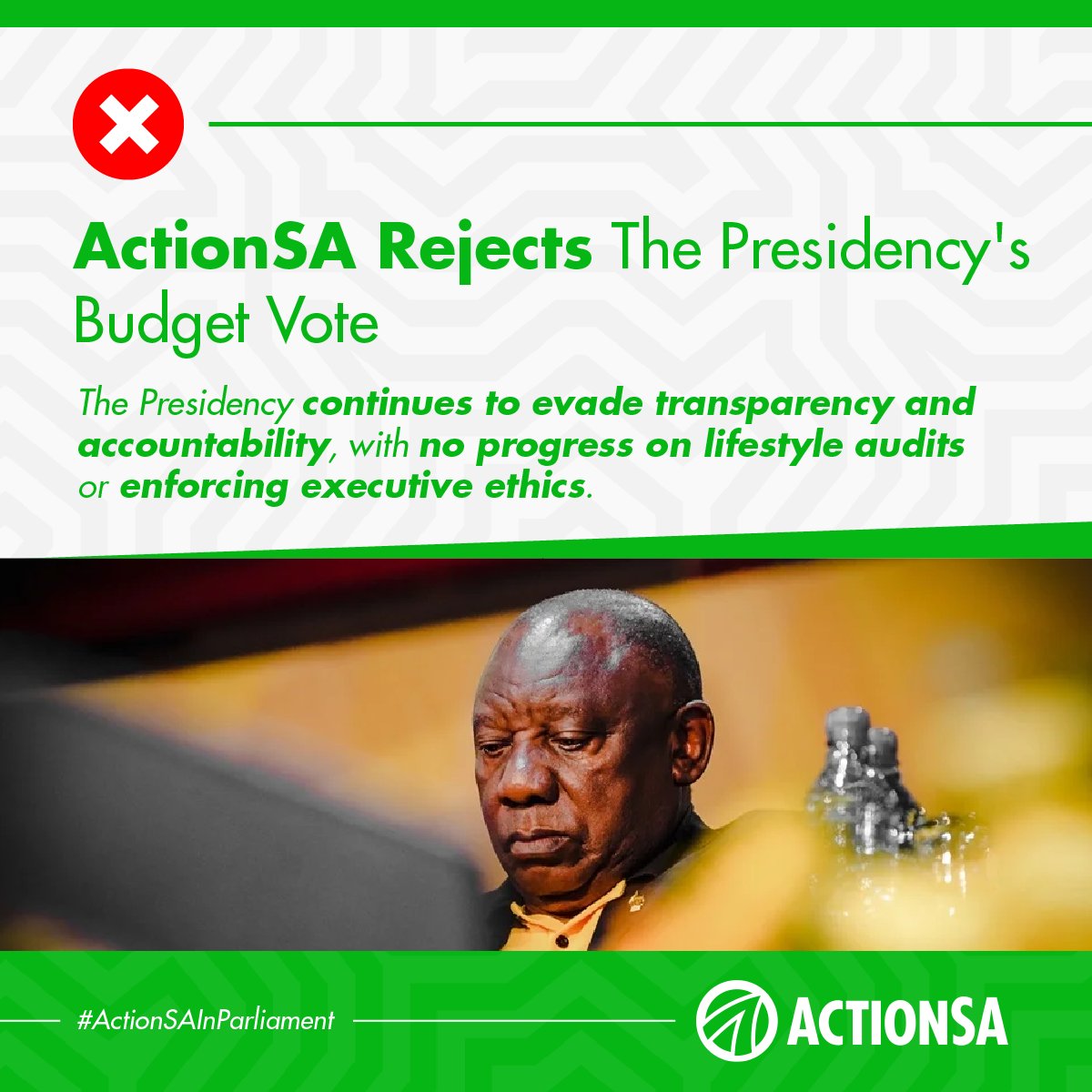 Action4SA's tweet image. ❌ ActionSA rejects The Presidency's Budget Vote!
The Presidency continues to evade transparency and accountability, with no progress on lifestyle audits or enforcing executive ethics.
#ActionSAInParliament