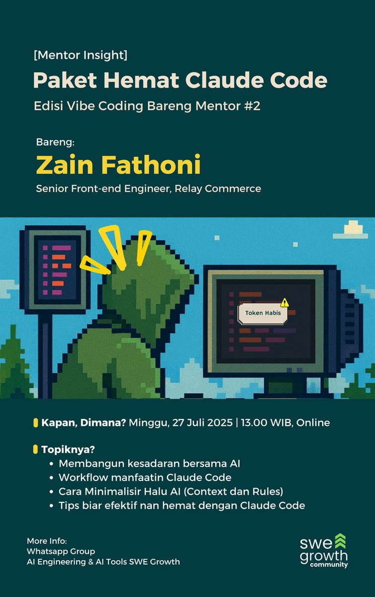 [Mentor Insight Kembali Lagi]
Bismillah,
Masih sharing tentang per-AI-an (karena jadi salah satu sub grup yang selalu rame), kita lanjut bahasan vibe coding kemarin dengan topik
“Paket Hemat Claude Code”

bareng mas <a href="/zainfathoni/">Zain Fathoni</a>