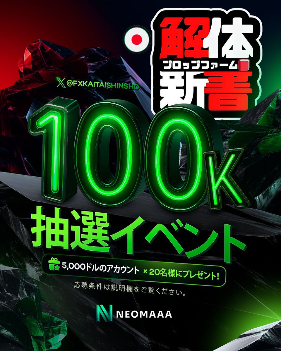 NeomAAAFunded✳️日本マーケット進出🔥総額100Kドルのプレゼント企画🎁✨

またまた新規プロップファームからプレゼント企画を提供してもらいました🙌是非奮ってご参加ください🔥

NeomAAAFunded✳️ざっくり解体📕
FXだけでなく先物も取り扱いアリ💪
TradeLocker、cTraderそしてMT5がつかえる✨