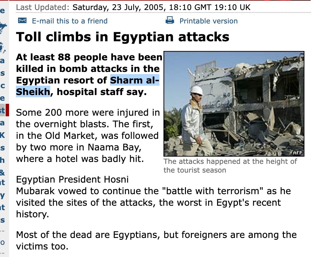 WashingtonViews's tweet image. Flashback 20 Years...#OnThisDay in 2005: Terror attack in Egypt kills 88 people in Sharm al-Sheikh news.bbc.co.uk/2/hi/middle_ea…