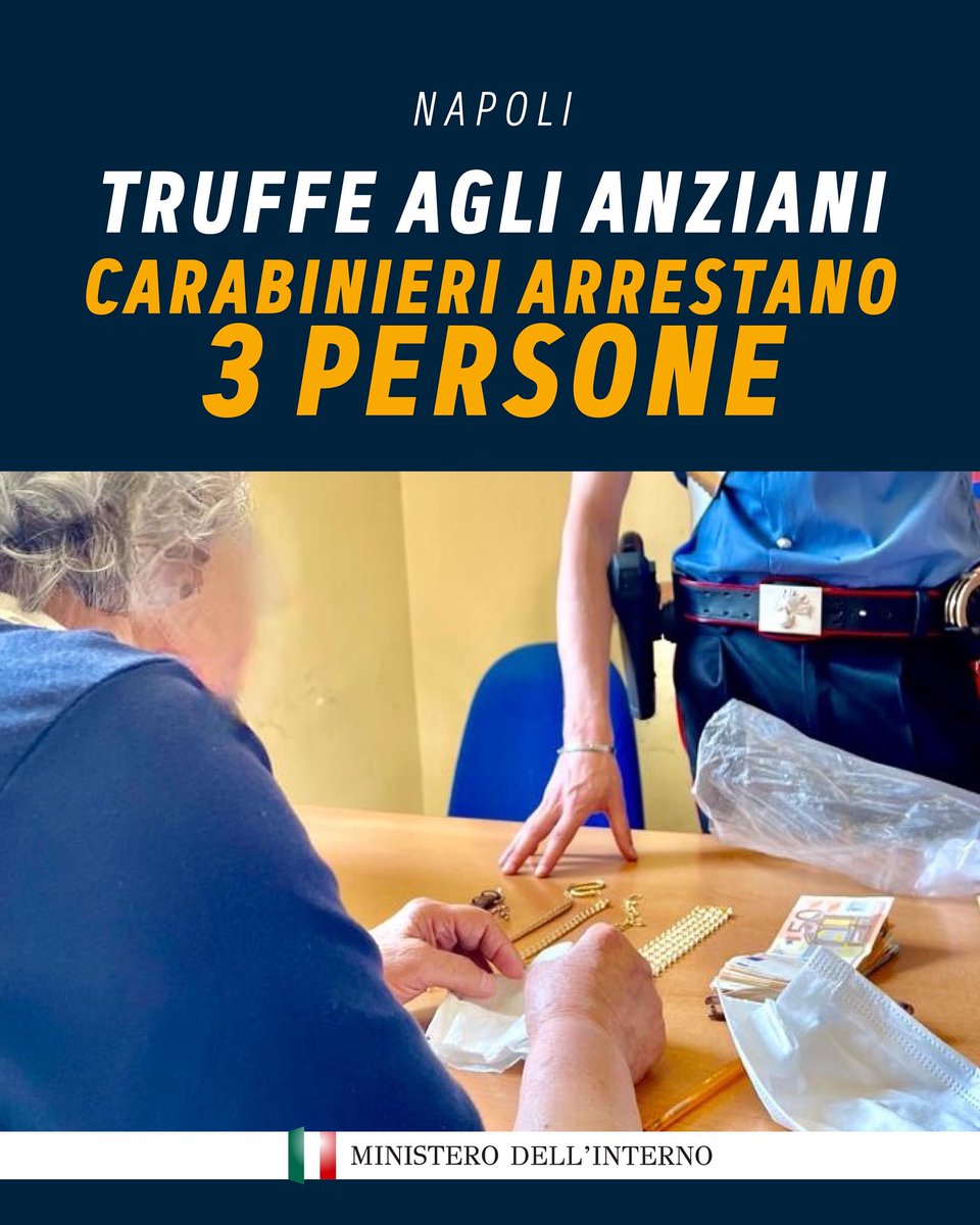 Piantedosim's tweet image. Avevano la loro base operativa nel quartiere Ponticelli di Napoli i tre truffatori arrestati dai @_Carabinieri_ al termine di un’articolata indagine contro i raggiri ai danni di persone anziane. Sempre lo stesso copione: i componenti della banda si fingevano familiari o falsi…