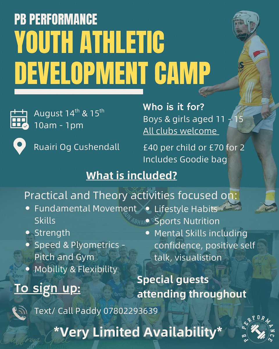 Youth Athletic Development Camp 🏃‍♂️🏋️

I am delighted to be running another 2 day camp for male and female GAA players aged 11-15 on the 14th and 15th of August.

All details on the poster!

All clubs welcome.
Limited availability, get in touch asap to sign up!