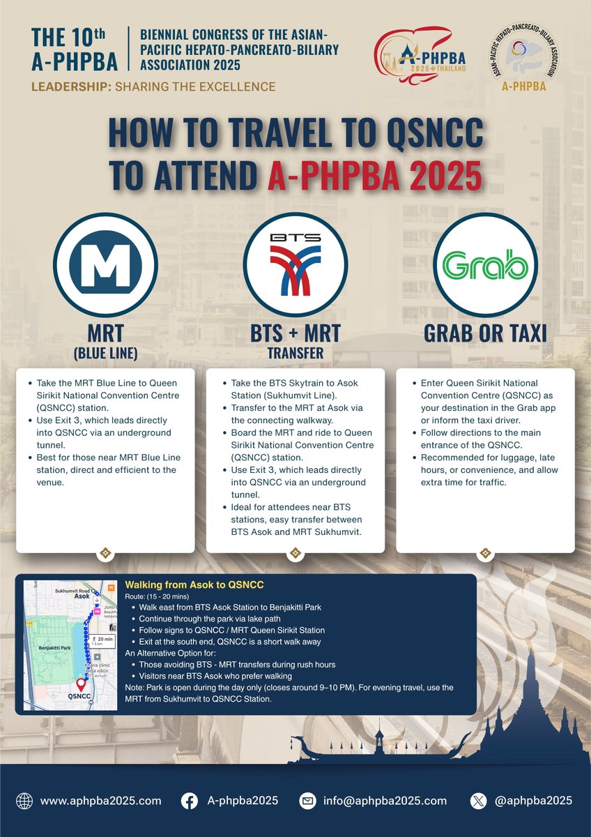 aphpba2025's tweet photo. How to Get to QSNCC

The A-PHPBA 2025 Congress will be held at Queen Sirikit National Convention Center (QSNCC), Bangkok, Thailand.

QSNCC is easily accessible via MRT, BTS, taxi, or by walking from nearby hotels.​
#aphpba2025 https://t.co/votF5YtAib