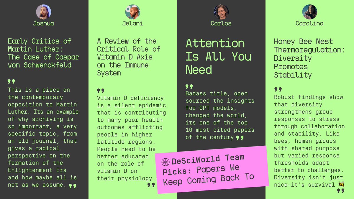 DeSciWorld (@desciworld) on Twitter photo Recently, we asked you to share your favorite papers. Now it’s our turn.
A research starter pack from the DeSciWorld team 🧬
<a href="/jb87ua/">Joshua</a> <a href="/JelaniC3/">Jelani Clarke, PhD (🥼,🌐)</a> <a href="/at0x_eth/">Plat0x.eth (Σ🧠Ξ)</a> <a href="/gingerheart86/">Caro🐬🎧🩰</a> 💚💚💚 Recently, we asked you to share your favorite papers. Now it’s our turn.
A research starter pack from the DeSciWorld team 🧬
<a href="/jb87ua/">Joshua</a> <a href="/JelaniC3/">Jelani Clarke, PhD (🥼,🌐)</a> <a href="/at0x_eth/">Plat0x.eth (Σ🧠Ξ)</a> <a href="/gingerheart86/">Caro🐬🎧🩰</a> 💚💚💚
