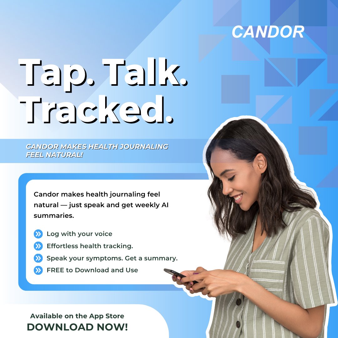 getcandorapp's tweet photo. Tap. Talk. Tracked.

Candor is the easiest way to journal symptoms and meals — using just your voice.

Now with AI-generated summaries.

📲 On iOS

#CandorApp #VoiceLog #HealthTracking #AIHealth #IBSrelief https://t.co/sBbHxPZI8Z