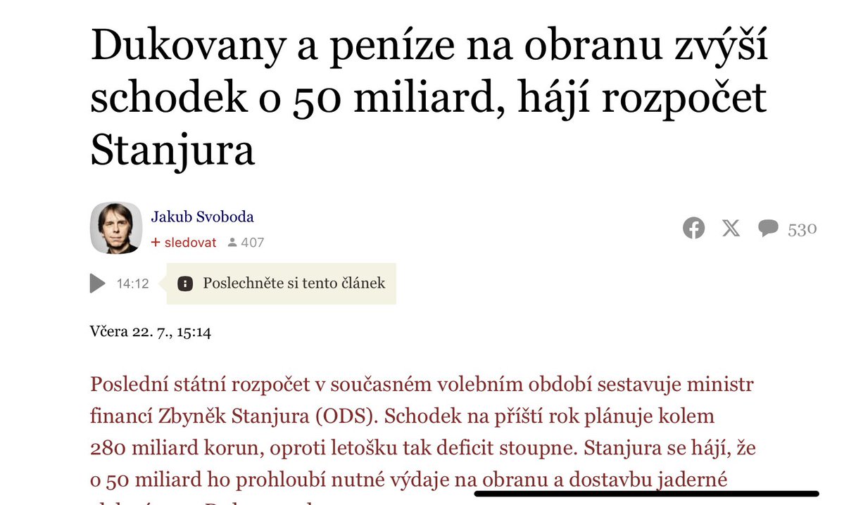 kalousekm's tweet image. Pořád dokola se opakuje nesprávná příčina výše deficitu, je proto potřeba pořád dokola opakovat tu správnou:
Schodek nezvýší výdaje na obranu a Dukovany. Schodek zvýší naše neschopnost snížit jiné výdaje, které nesouvisí s obranou a energetickou bezpečností. Neschopnost ujasnit…