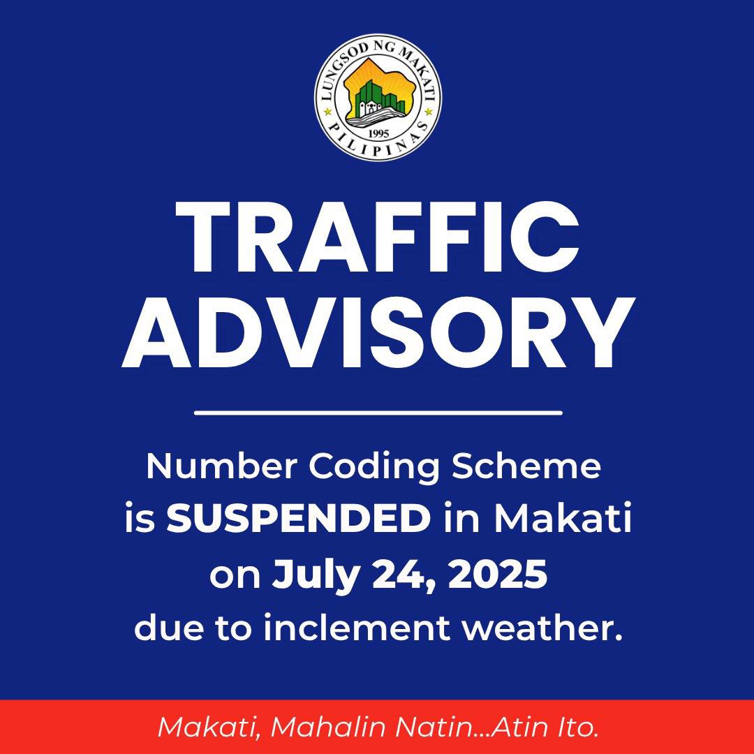MakatiTraffic's tweet photo. ADVISORY: Suspendido pa rin bukas, July 24, 2025, ang number coding sa buong Makati.

Patuloy din ang paalala sa mga motoristang mag-ingat sa pagmamaneho sa gitna ng malakas na ulan.

Maaaring tumawag naman sa 168 kung sakaling magka emergency. https://t.co/yhNtyjCPBo