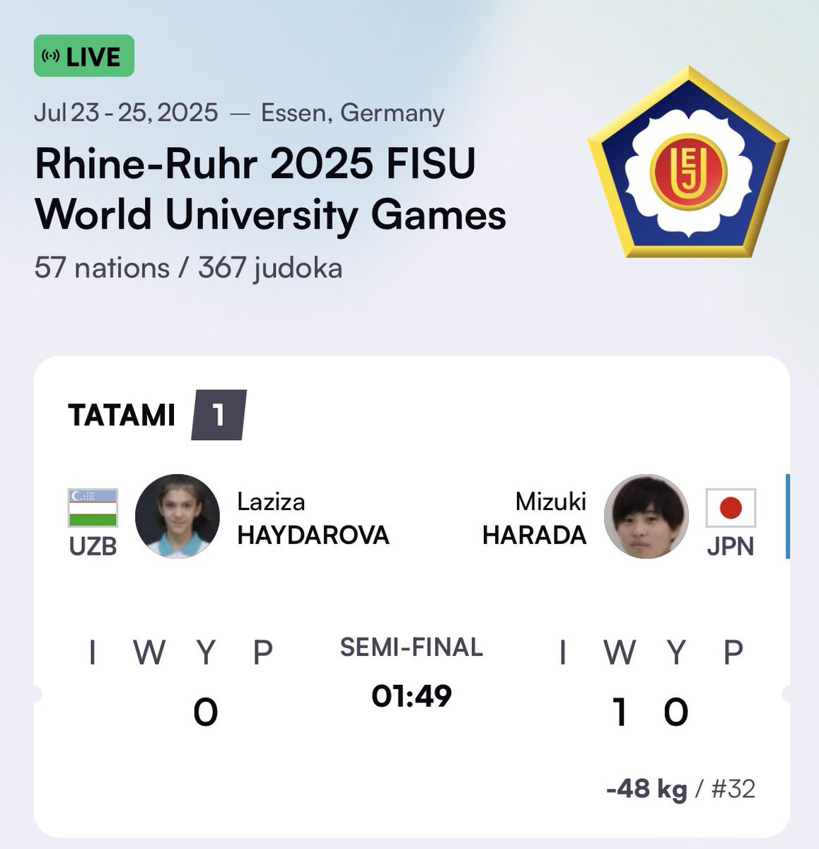 予選ラウンドはライブ配信ないから
JudoTVで結果だけ見てます。
原田瑞希さん準決勝で技あり！