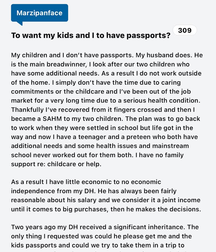 MumsnetTowers's tweet image. &apos;The kids are older now and regularly ask why we can’t go to another country or go on a plane/boat, and I have to explain that we don’t have passports.&apos;

Read the thread: mumsnet.com/talk/am_i_bein…