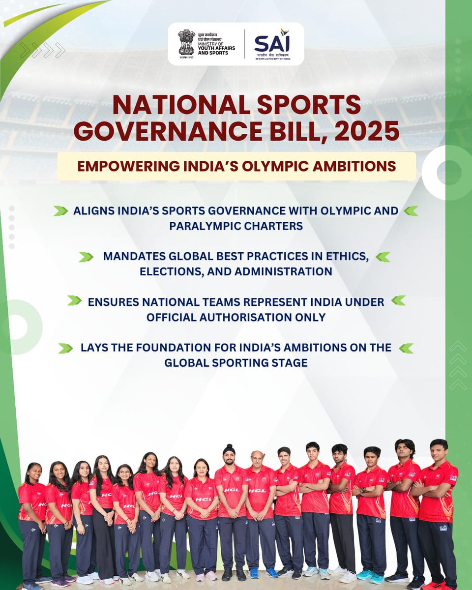 G Kishan Reddy (@kishanreddybjp) on Twitter photo Under the visionary leadership of Hon'ble PM Shri <a href="/narendramodi/">Narendra Modi</a> ji, the newly introduced National Sports Governance Bill, 2025 ushers in a new era of Indian Sports.
A much-needed reform which lays down the foundation for an ethical, safe and performance-driven sporting Under the visionary leadership of Hon'ble PM Shri <a href="/narendramodi/">Narendra Modi</a> ji, the newly introduced National Sports Governance Bill, 2025 ushers in a new era of Indian Sports.
A much-needed reform which lays down the foundation for an ethical, safe and performance-driven sporting
