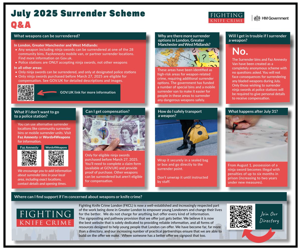 Fighting Knife Crime London (@knifecrimeldn) on Twitter photo The July 2025 Surrender Scheme ends soon! From 1st August you could get up to six months (increasing to two years under new measures) in prison if a ninja sword is caught in your possession. See answers to frequently asked questions below:Ā
#knifecrime #amnesty <a href="/ukhomeoffice/">Home Office</a> The July 2025 Surrender Scheme ends soon! From 1st August you could get up to six months (increasing to two years under new measures) in prison if a ninja sword is caught in your possession. See answers to frequently asked questions below:Ā
#knifecrime #amnesty <a href="/ukhomeoffice/">Home Office</a>