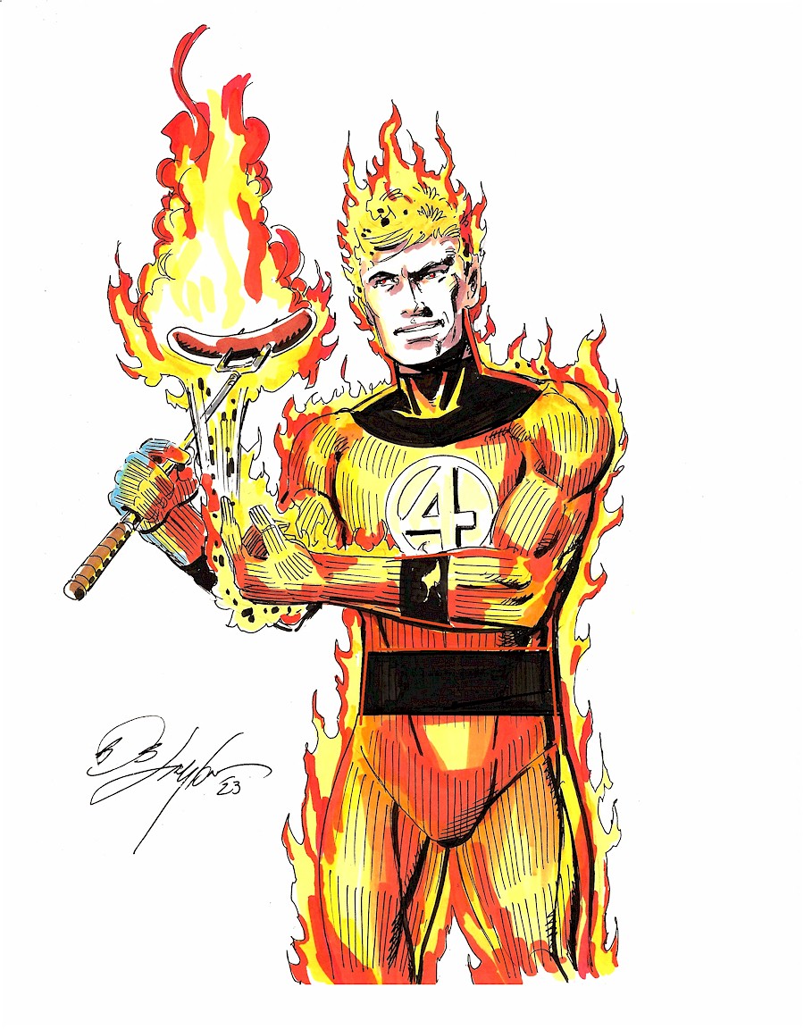 Bob_Layton's tweet image. I found a Drink and Draw pic in my sketchbook, while in Singapore, that I forgot to post. In 2023, the theme was "Characters Associated with Fire" & I did this silly Human Torch drawing. With the FF film coming up, I figured I should go ahead and share it. @Marvel @FantasticFour