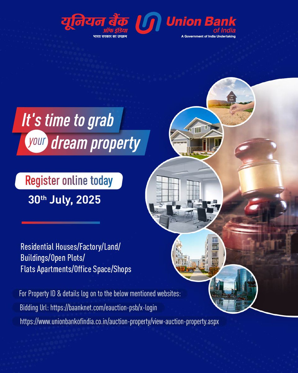 UnionBankTweets's tweet image. The wait is over! Make your way to the next Mega E-Auction on 30th July, 2025, and bid on your dream property.
Register now: tinyurl.com/Mega-e-Auction
#UnionBankofIndia #GoodPeopleToBankWith #eAuction