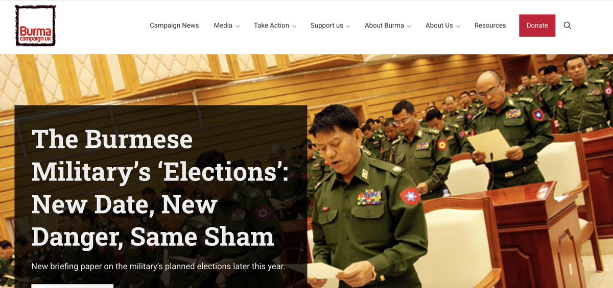 Zoya Phan (@zoyaphan) on Twitter photo The Burmese Military’s ‘Elections’: New Date, New Danger, Same Sham. - A new briefing paper by <a href="/burmacampaignuk/">Burma Campaign UK</a>.
“The Burmese military likes elections almost as much as it likes coups,” said <a href="/MarkFarmaner/">Mark Farmaner</a>, Director of Burma Campaign UK. “For the Burmese military, elections are The Burmese Military’s ‘Elections’: New Date, New Danger, Same Sham. - A new briefing paper by <a href="/burmacampaignuk/">Burma Campaign UK</a>.
“The Burmese military likes elections almost as much as it likes coups,” said <a href="/MarkFarmaner/">Mark Farmaner</a>, Director of Burma Campaign UK. “For the Burmese military, elections are