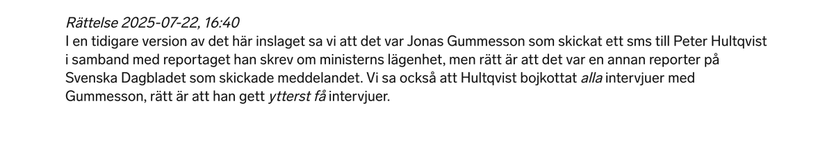 JonasGummesson's tweet image. Medierna i SR P1 @medierna har rättat sina felaktiga uppgifter i inslaget om min recension av Peter Hultqvists bok i DN. Vackert så! En annan sak är makthavare aldrig ska kunna smita från kritisk granskning. Även public service borde inse det. #svpol