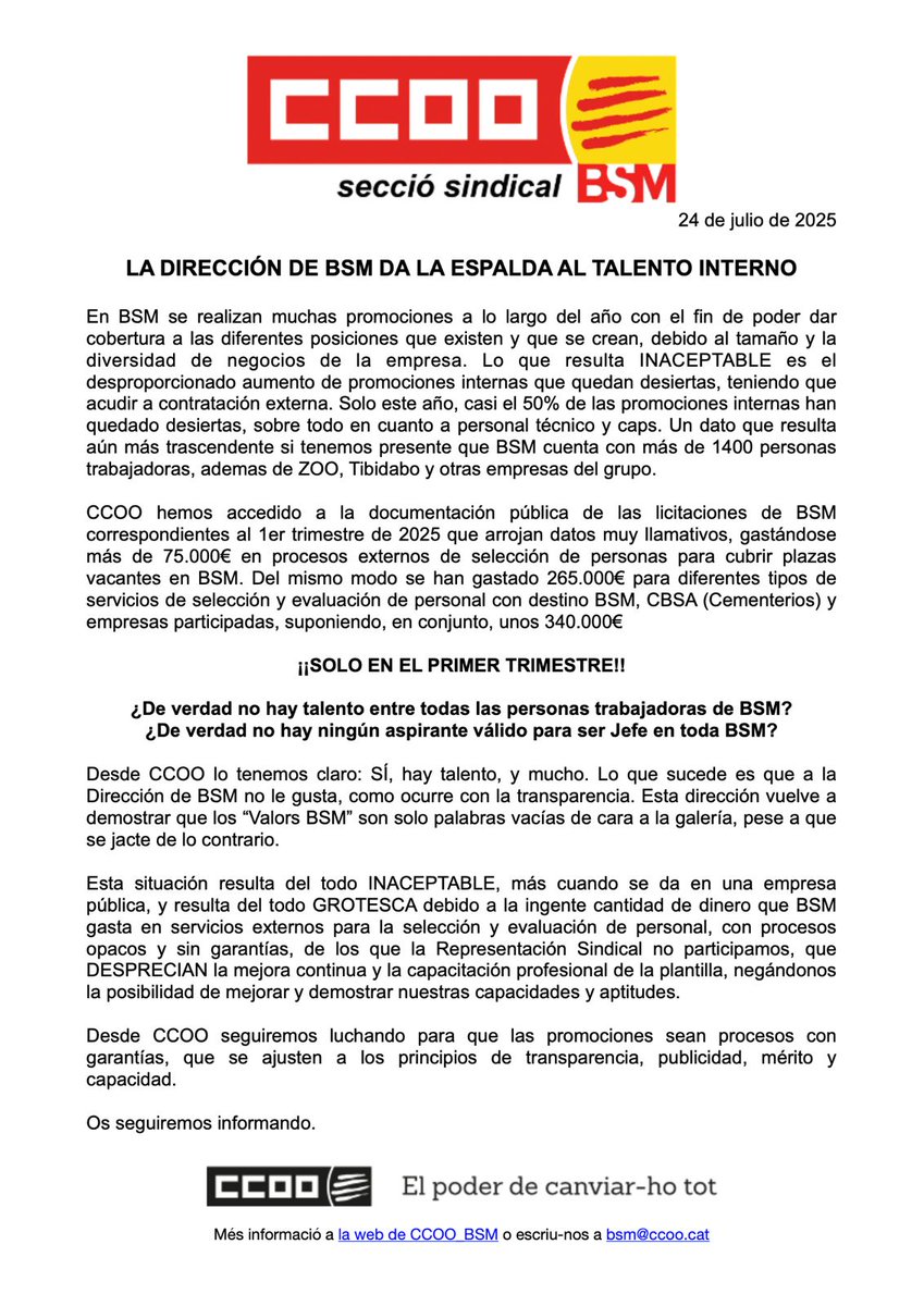 La Dirección de BSM da la espalda al talento interno.
¿De verdad no hay talento entre todas las personas trabajadoras de BSM? #ValorsBSM