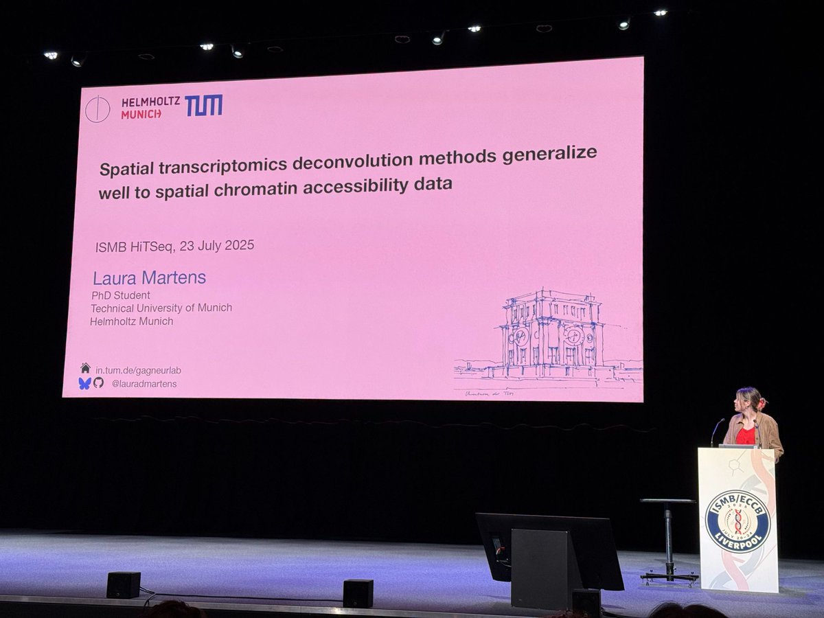 fabian_theis's tweet image. Laura Martens doing great job at presenting our work on deconvolution of spatial ATAC data at #ISMBECCB2025 at Liverpool - essentially: transcriptomic methods work here, too. academic.oup.com/bioinformatics…