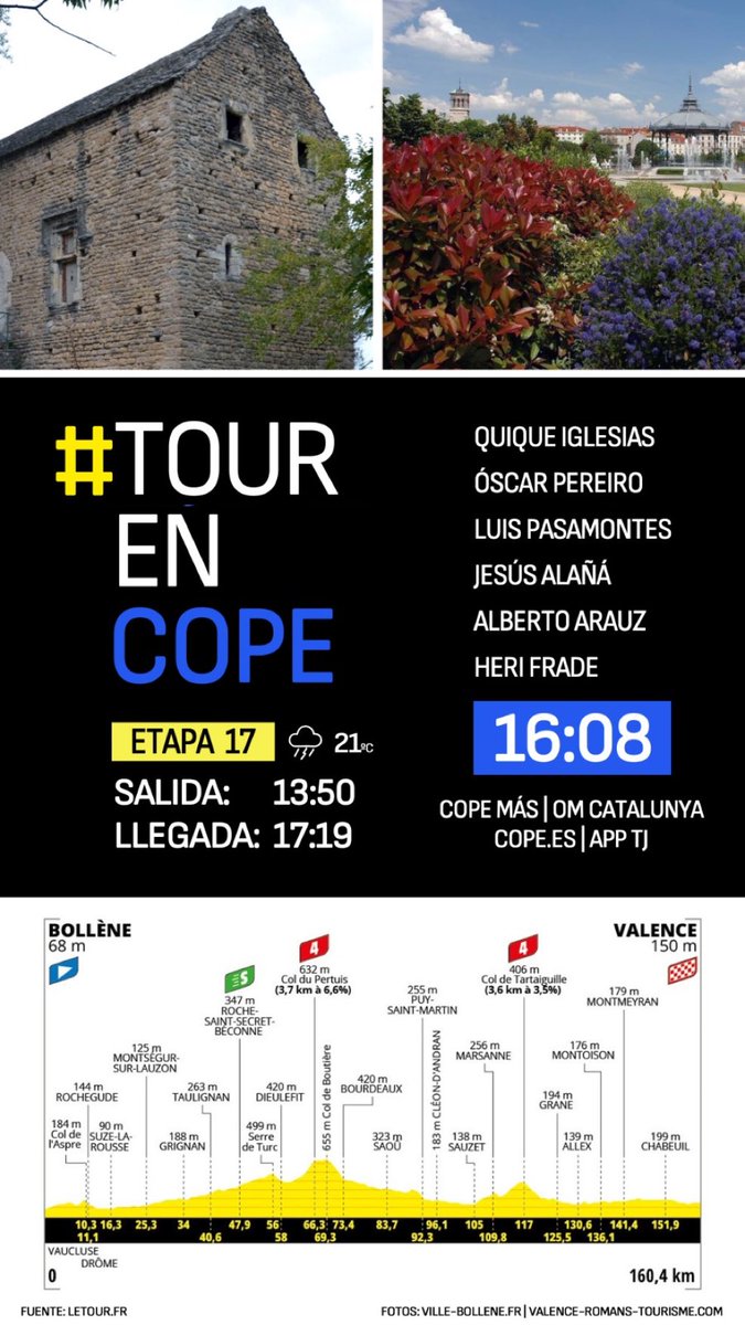 COPEdaleando (@copedaleando) on Twitter photo 💥🇫🇷 17ª etapa del #TDF2025
📍Bollène>Valence (160.4 kms)
🌧️21 ºC
📻 16:00h en <a href="/COPE/">COPE</a> Más
💻 cope.es
📲 app
<a href="/tjcope/">Tiempo de Juego</a>
🎙<a href="/herifrade/">Heriberto Frade</a>
🇫🇷<a href="/qiglesias/">Quique Iglesias</a>
👨🏻🎓<a href="/oscarpereiro/">Oscar Pereiro</a>
👨🏻🎓<a href="/pasamontesluis/">Luis Pasamontes</a>
👨🏻🎓<a href="/capitan_alana/">Jesús Alañá</a>
👨🏻🎓<a href="/AlbertoArauzM/">Alberto Arauz</a>
#TourEnCOPE 💥🇫🇷 17ª etapa del #TDF2025
📍Bollène>Valence (160.4 kms)
🌧️21 ºC
📻 16:00h en <a href="/COPE/">COPE</a> Más
💻 cope.es
📲 app
<a href="/tjcope/">Tiempo de Juego</a>
🎙<a href="/herifrade/">Heriberto Frade</a>
🇫🇷<a href="/qiglesias/">Quique Iglesias</a>
👨🏻🎓<a href="/oscarpereiro/">Oscar Pereiro</a>
👨🏻🎓<a href="/pasamontesluis/">Luis Pasamontes</a>
👨🏻🎓<a href="/capitan_alana/">Jesús Alañá</a>
👨🏻🎓<a href="/AlbertoArauzM/">Alberto Arauz</a>
#TourEnCOPE
