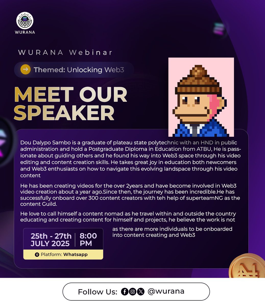 Wurana01's tweet image. Another amazing speaker for the WURANA Webinar – Unlocking Web3!
Meet @kryptdou_ , an educator, content nomad & Web3 video creator who's helped onboard 300+ creators into Web3!
🗓 25th–27th July 2025
🕗 8:00PM
📍 Platform: WhatsApp
#Web3 #WuranaWebinar #paobc
