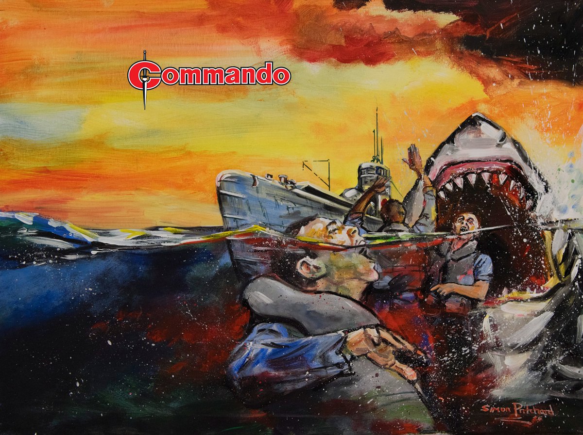 CommandoComic's tweet image. A surprise attack by a Japanese submarine had left the USS Annapolis' crew stranded at sea and at the mercy of the gnashing jaws of ravenous sharks! How could they survive that?! Issue 5877 is out soon! - QM