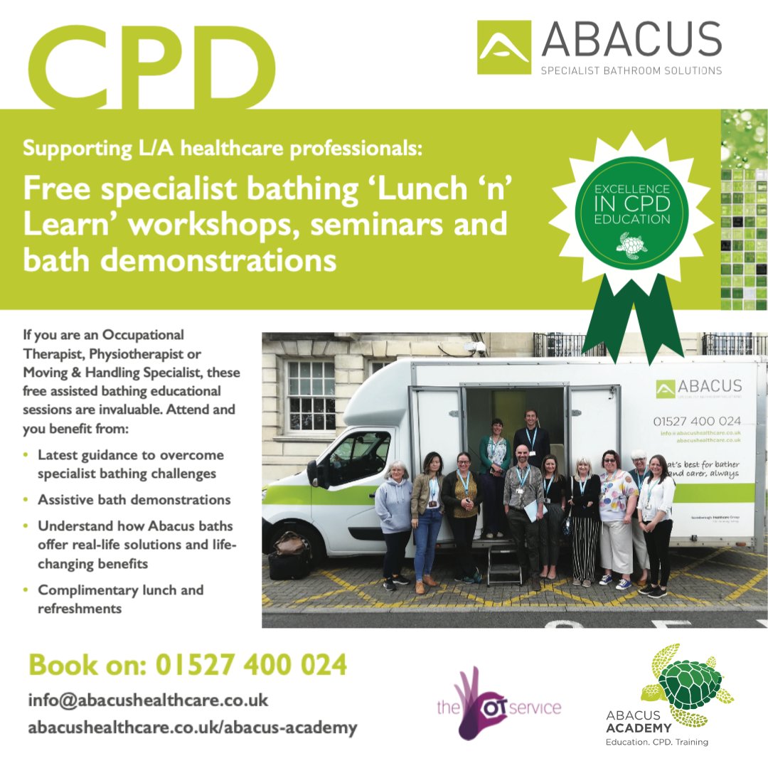 abacusbaths's tweet image. Abacus Academy CPD for L/A Housing Professionals, Occupational Therapists, Moving &amp;amp; Handling Specialists 👉 Free assisted bathing ‘Lunch ‘n’ Learn’ workshops and seminars delivered by @theotservice and bath demonstrations.
Book here: abacushealthcare.co.uk/abacus-academy… Or call: 01527 400 024