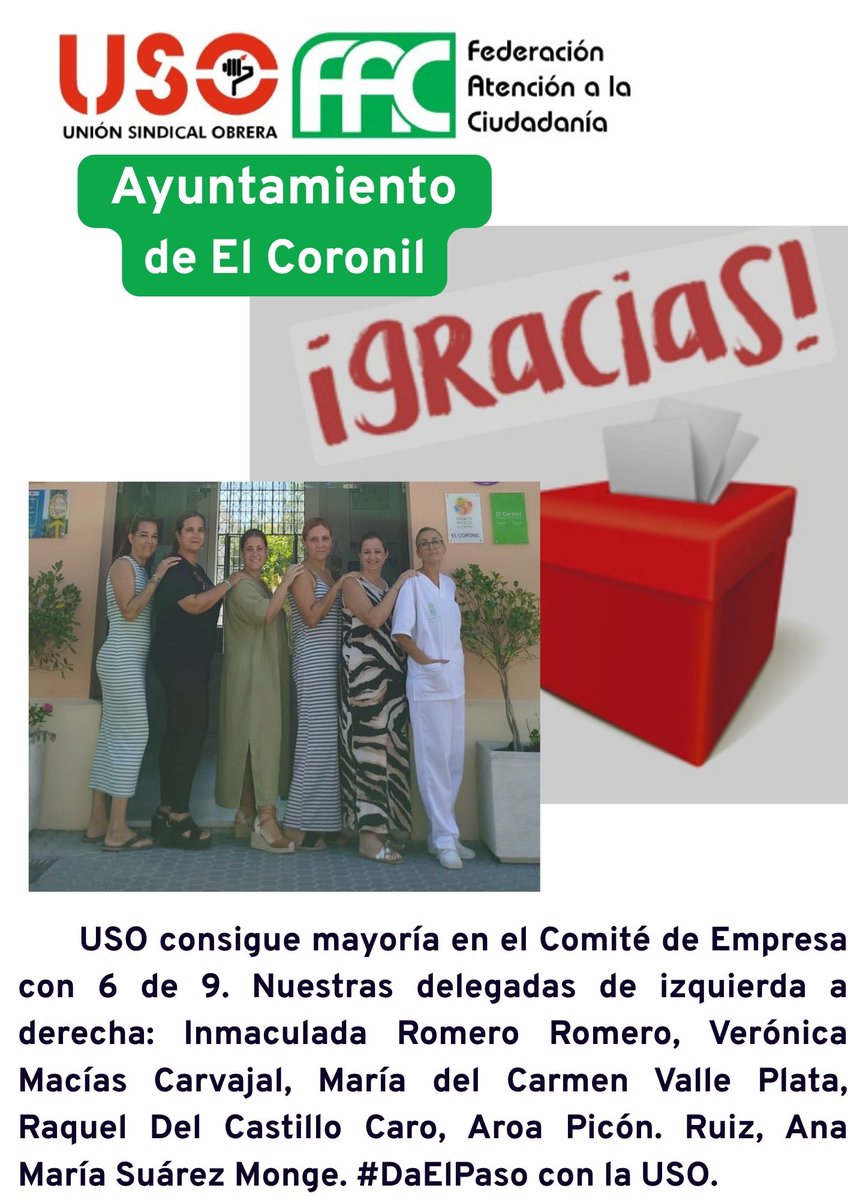 Nuestras Delegadas de USO Ayuntamiento de El Coronil han conseguido mayoría absoluta a pesar de presentarse por primera vez, han conseguido 6  de un Comité de 9.

USO 65 votos.
UGT 20 votos.
SAT 13 votos.
El Comité queda formado:
USO 6 delegadas.
UGT 2 delegados.
SAT 1 delegados.