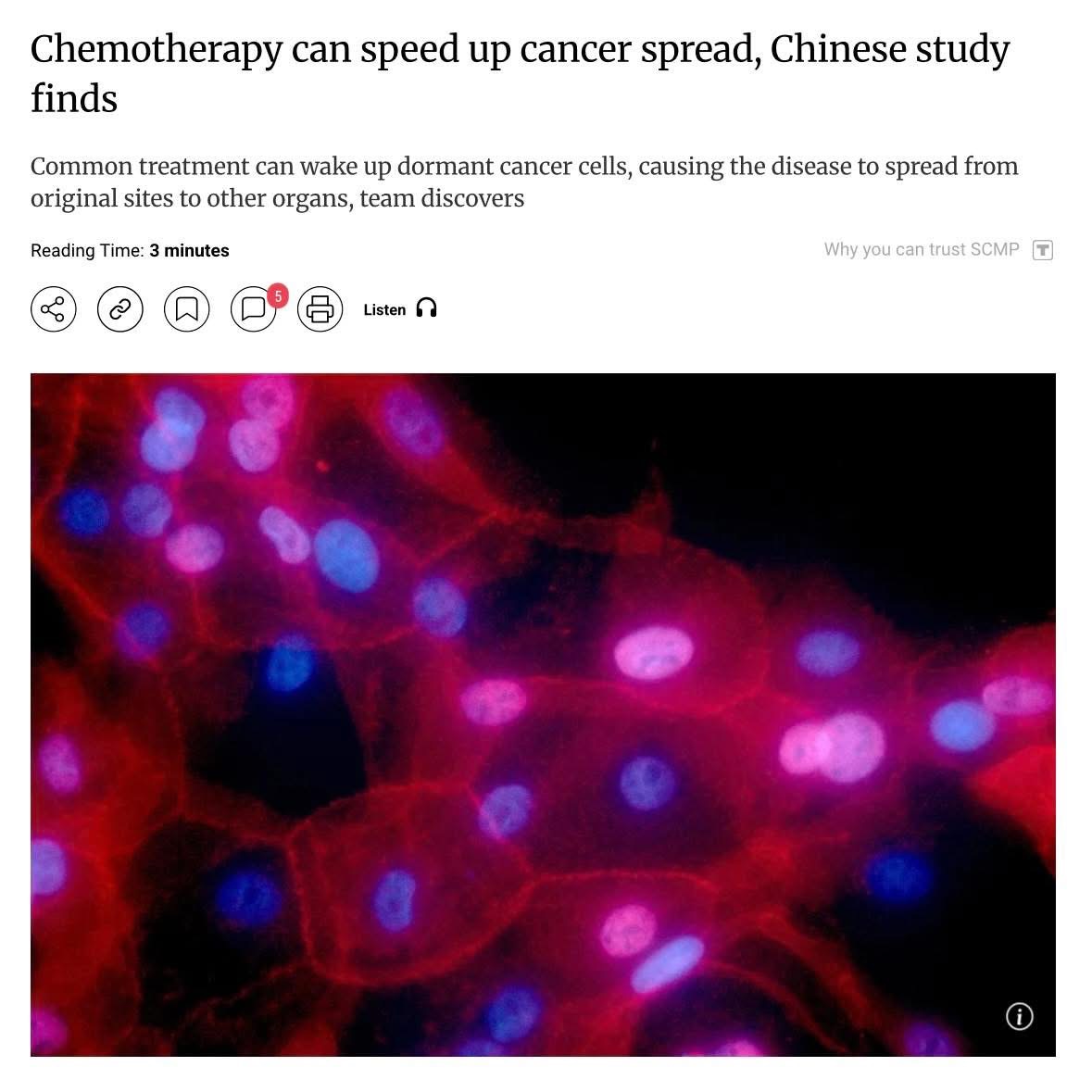 ALARMING REVELATION: Chemotherapy Could TRIGGER Cancer Spread, Chinese Study Uncovers! 

A stunning study from Chinese researchers, published in Cancer Cell on July 3, drops a bombshell: chemotherapy drugs like doxorubicin, cyclophosphamide, and cisplatin may accelerate cancer