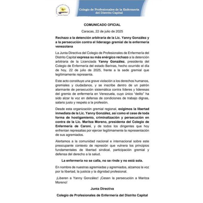 eldiario's tweet image. #23Jul | Ana Rosario Contreras (@Sharo1412), presidenta del Colegio de Enfermería del Distrito Capital, repudió la detención reportada la noche del #22Jul de Yanny González, presidenta del Colegio de Enfermería del estado Barinas.
"A veces nos da miedo elevar la voz, pero…