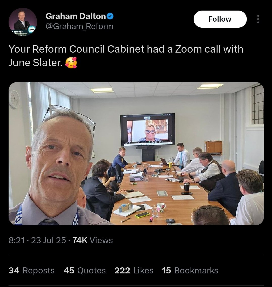 Nullen80's tweet image. Q-aNan, the woman who backed Boris, thought Brexit would be great, got sucked in by Clintel, had meetings with rabid antivax weirdo Bridgen, and makes skits that make Mrs Brown's Boys seem like comedic gold is attending Reform cabinet meetings via Zoom.
Idiocracy is upon us.