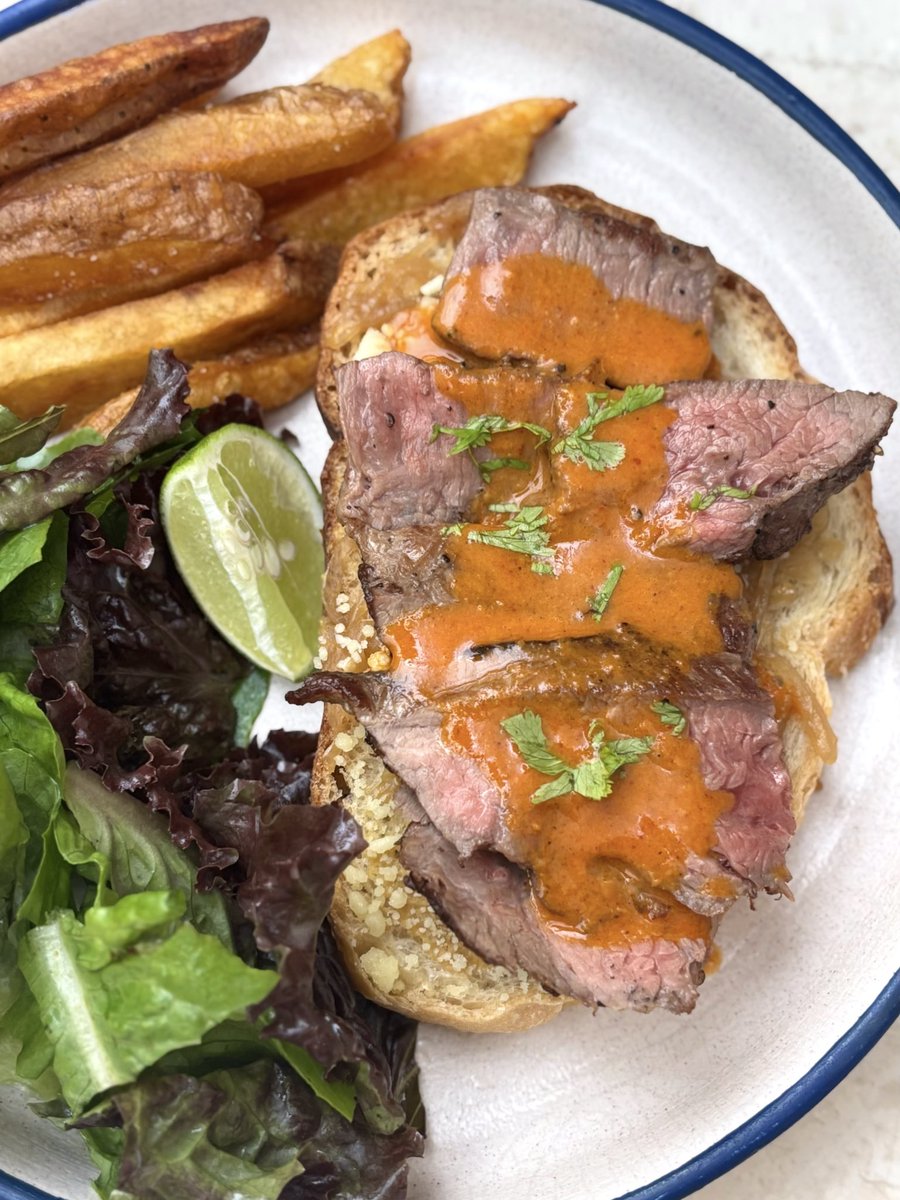 steak on toasted sourdough with crispy potatoes